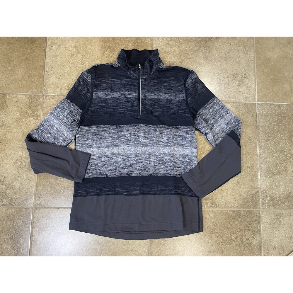 Lululemon Shirt Speed Pullover Men L Black Gray Space Dye Striped 1/2 Zip Golf
